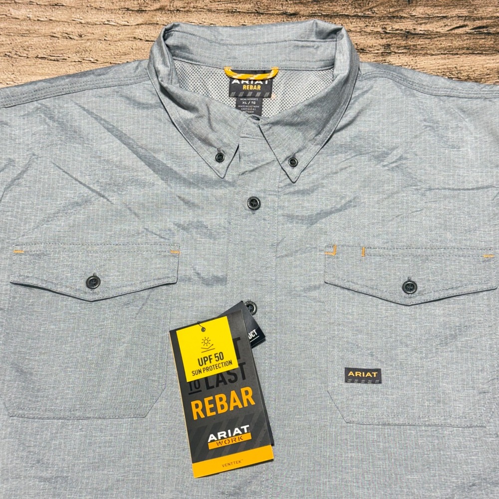 Ariat Work Shirt Mens XL Charcoal Gray Rebar VentTEK DuraStretch SS 10031024 NWT - Picture 2 of 10